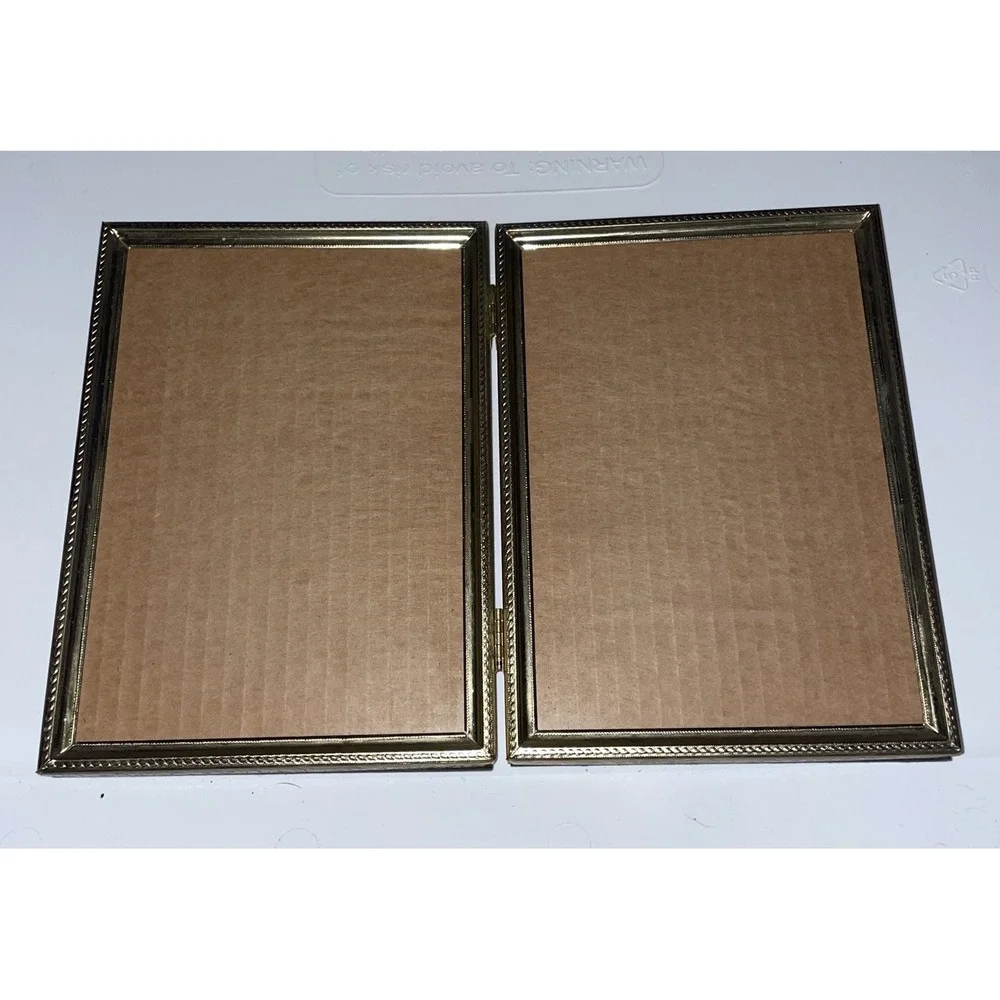 Vintage Hinged Double Photo Picture Frame Gold Tone Metal Mid Century MCM  5x7